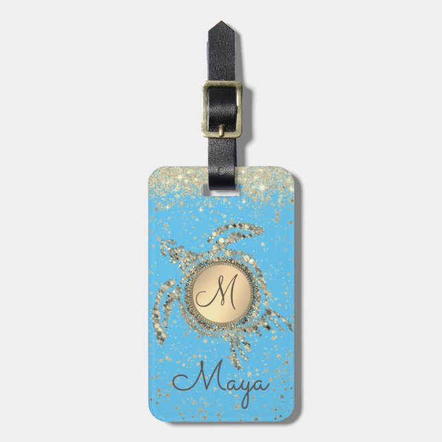 Turtle Monogram Stars on Blue Luggage Tag Bagagebricka (Vertikal Framsida)