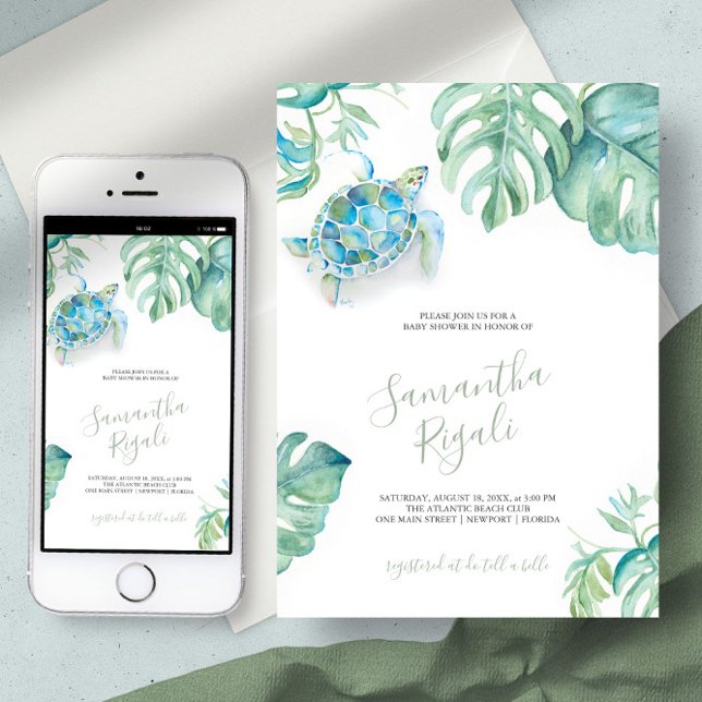 Turtle Monstera Lämnar Baby Shower Inbjudningar (Tropical baby shower invitation sea turtle virtual digital download art by Victoria Grigaliunas)