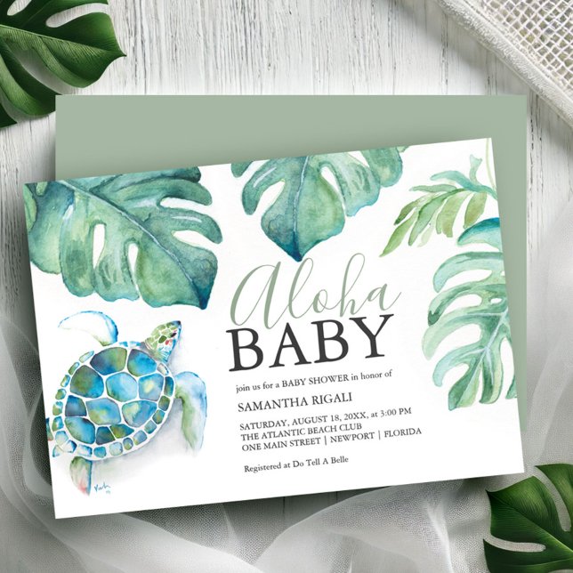 Turtle Monstera Lämnar Baby Shower Inbjudningar (Tropical baby shower theme watercolor sea turtle & palm leaf art Victoria Griglaiunas DoTellABelle)