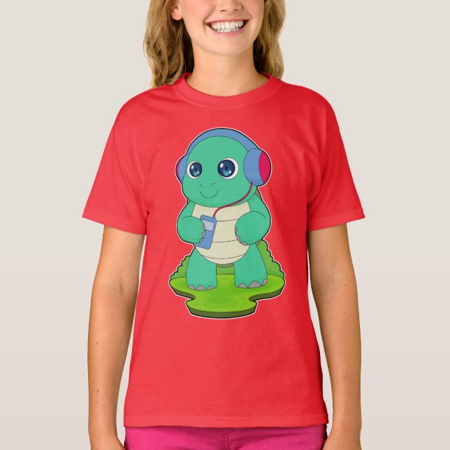 Turtle Musician Headphone Music T Shirt (Framsida)