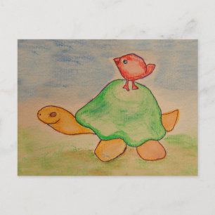 Turtle och bird som går på promenad vykort