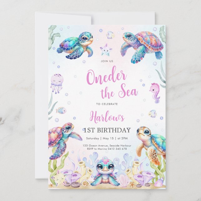 Turtle Oneder The Sea 1st Birthday Invitation Inbjudningar (Framsida)