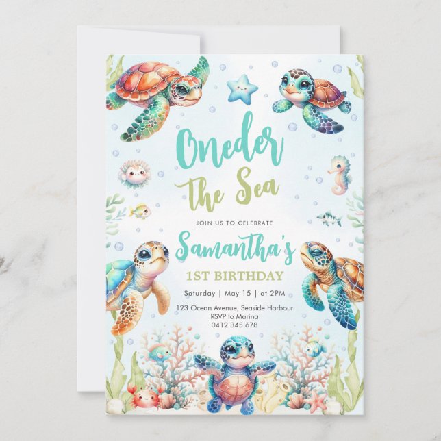 Turtle Oneder The Sea 1st Birthday Invitation Inbjudningar (Framsida)