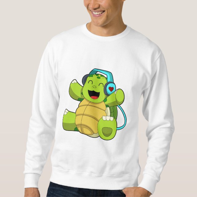 Turtle på Music med hörlurar Lång Ärmad Tröja (Framsida)