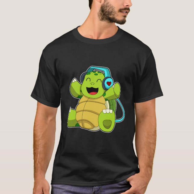 Turtle på Music med hörlurar T Shirt (Framsida)