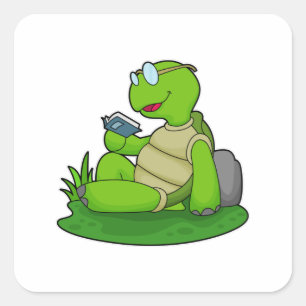 Turtle Reading Bok Fyrkantigt Klistermärke