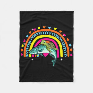 Turtle Riding Salmon Fish Funny Animal Lover Rainb Fleecefilt