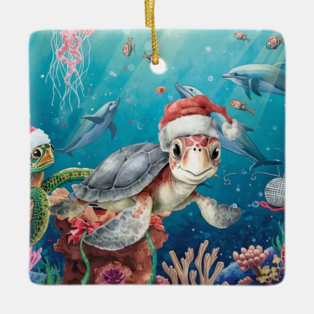 Turtle Santa Hat Under the Sea Christmas Party  Julgransprydnad Keramik (Framsida)