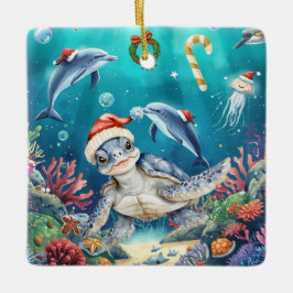 Turtle Santa Hat Under the Sea Christmas Party  Julgransprydnad Keramik
