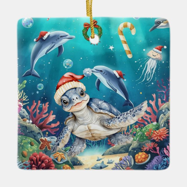 Turtle Santa Hat Under the Sea Christmas Party  Julgransprydnad Keramik (Framsida)