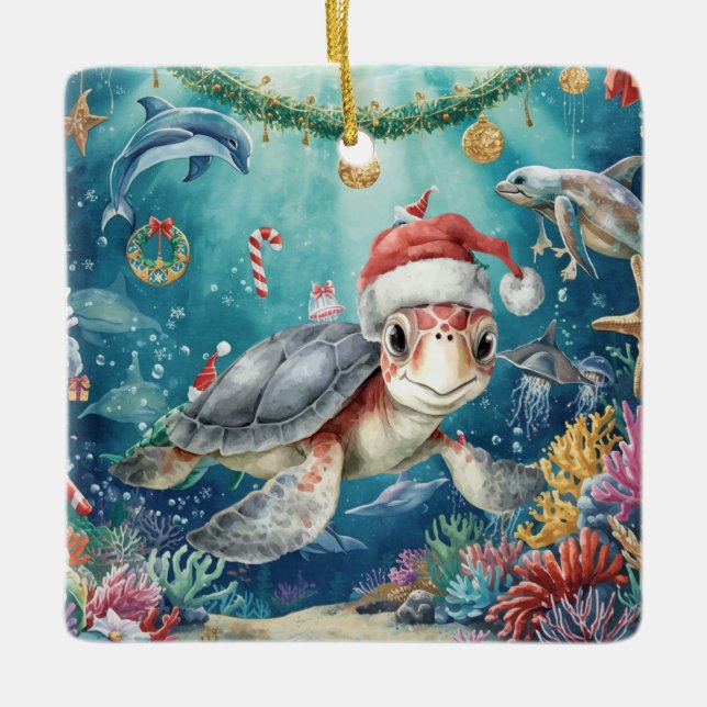 Turtle Santa Hat Under the Sea Christmas Party  Julgransprydnad Keramik (Framsida)