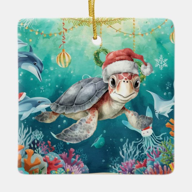 Turtle Santa Hatt Under the Sea Julfest  Julgransprydnad Keramik (Framsida)