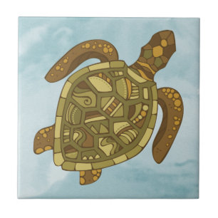 Turtle Sea Life Blue Mosaic Nautical Kakelplatta