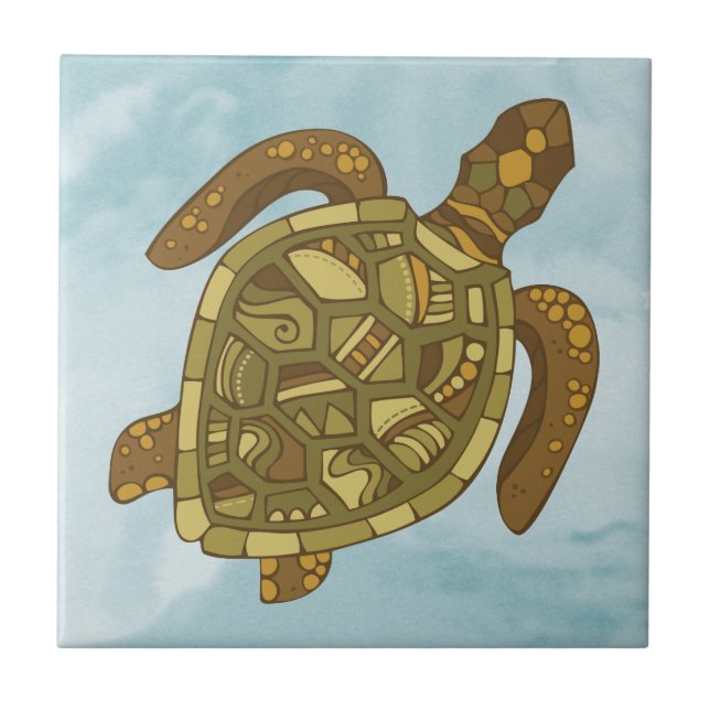 Turtle Sea Life Blue Mosaic Nautical Kakelplatta (Framsidan)