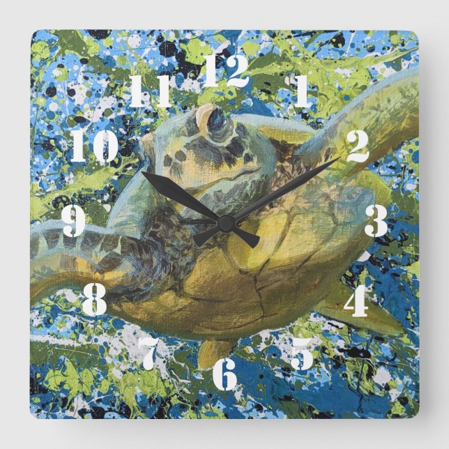Turtle Splatter Art Fyrkantig Klocka (Framsida)