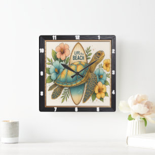 Turtle Surfboard Beach Life Fyrkantig Klocka