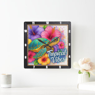 Turtle Tropical Vibes Art Fyrkantig Klocka