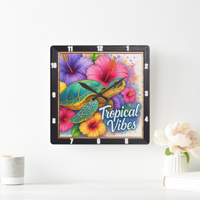 Turtle Tropical Vibes Art Fyrkantig Klocka (Hem)