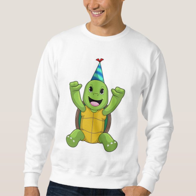 Turtle vid Birthday med Party hat Lång Ärmad Tröja (Framsida)