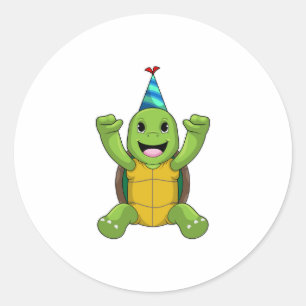 Turtle vid Birthday med Party hat Runt Klistermärke
