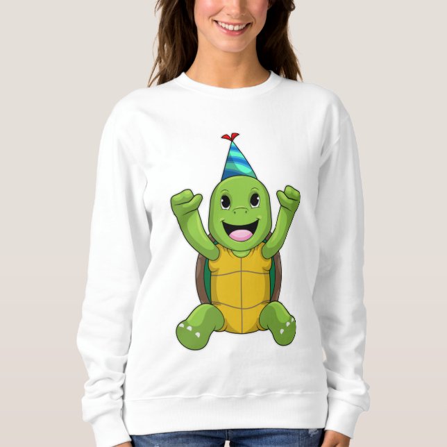 Turtle vid Birthday med Party hat T Shirt (Framsida)