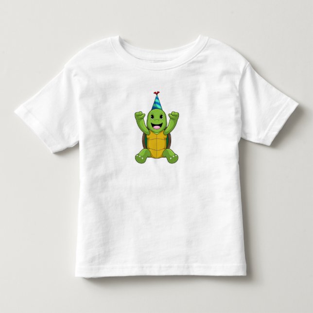 Turtle vid Birthday med Party hat T Shirt (Framsida)