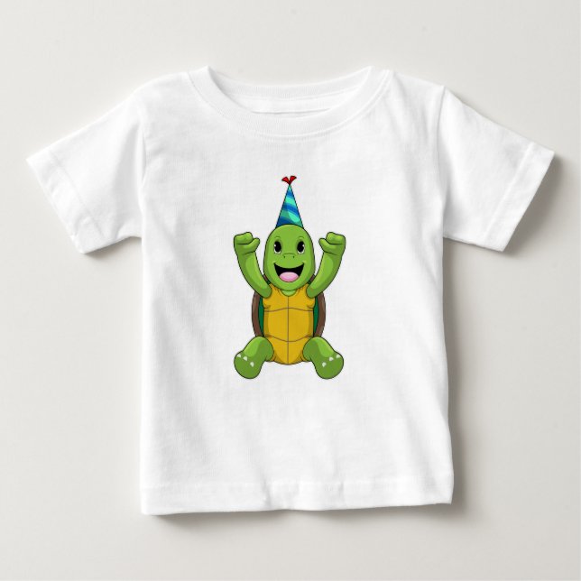 Turtle vid Birthday med Party hat T Shirt (Framsida)
