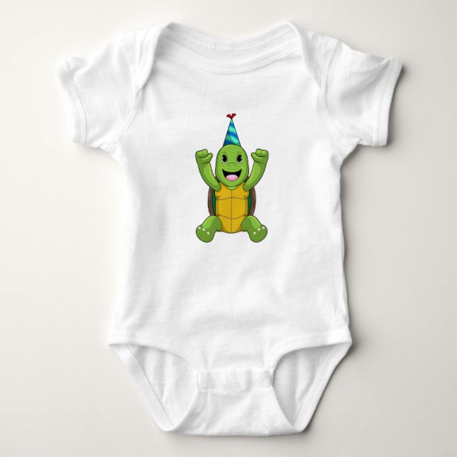 Turtle vid Birthday med Party hat T Shirt (Framsida)