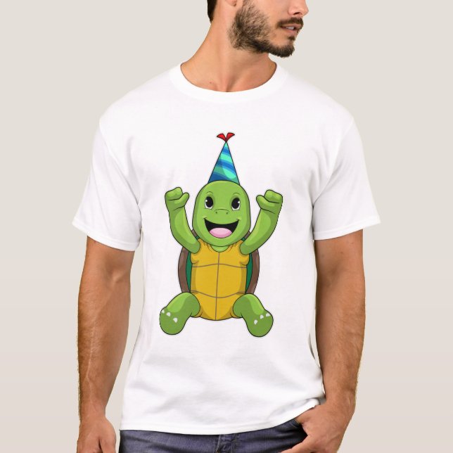 Turtle vid Birthday med Party hat T Shirt (Framsida)