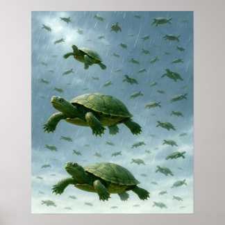Turtle Wall Art, Lycklig Turtle in Rain Art Poster