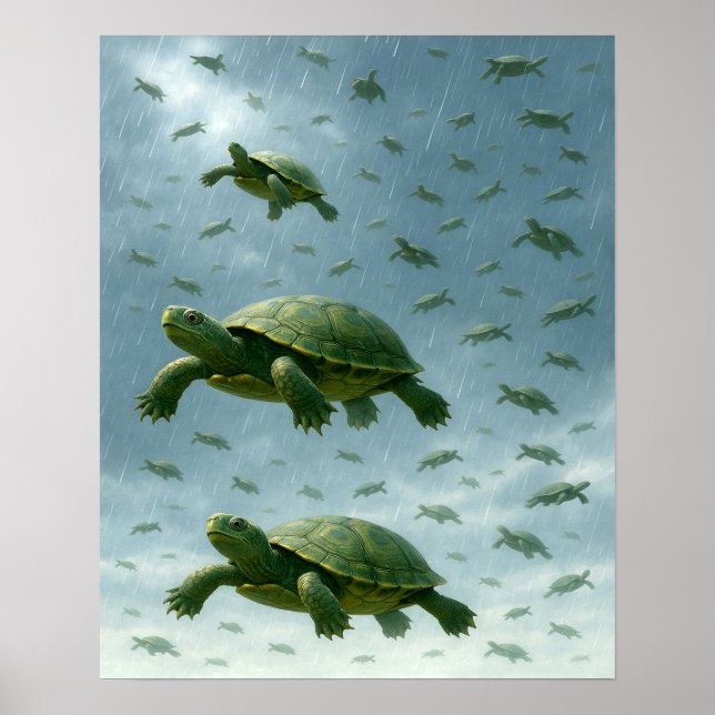 Turtle Wall Art, Lycklig Turtle in Rain Art Poster (Framsidan)