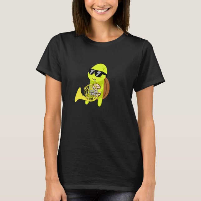 Turtle Wearing Sunglasses Spela upp Fransk Horn T Shirt (Framsida)