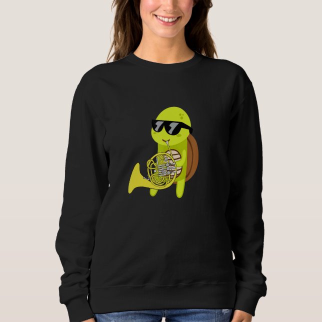 Turtle Wearing Sunglasses Spela upp Fransk Horn T Shirt (Framsida)
