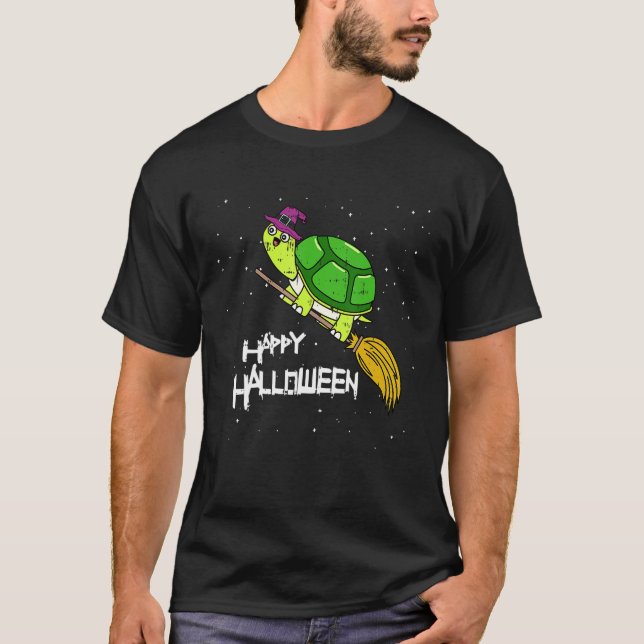Turtle Witch Broomstick Night Cute Reptile Hallowe T Shirt (Framsida)