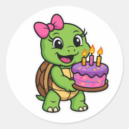 Turtle with birthday cake runt klistermärke