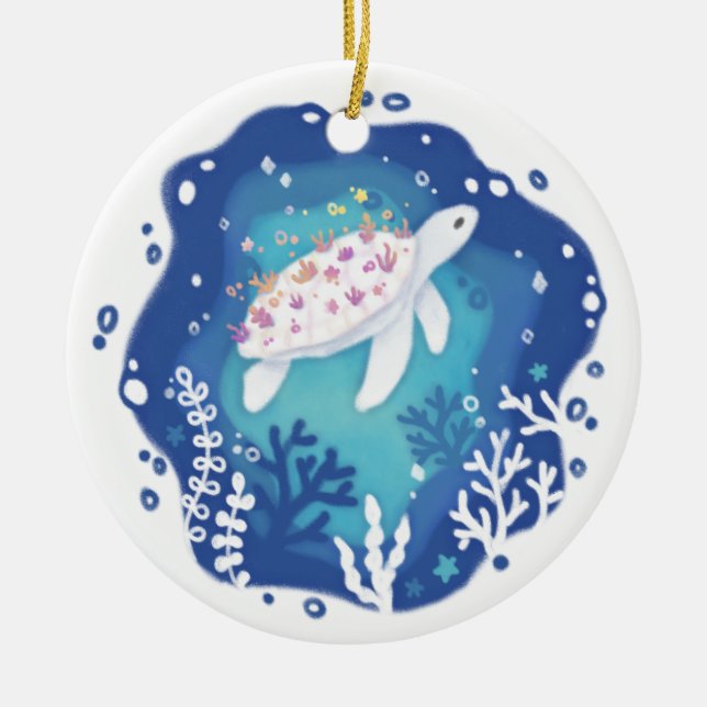 Turtle with Corals in Ocean Papper Art Illustratio Julgransprydnad Keramik (Framsidan)