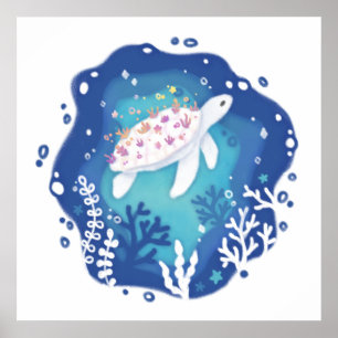 Turtle with Corals in Ocean Papper Art Illustratio Poster