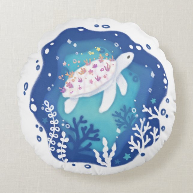 Turtle with Corals in Ocean Papper Art Illustratio Rund Kudde (Framsidan)