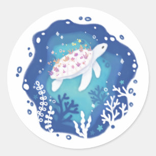 Turtle with Corals in Ocean Papper Art Illustratio Runt Klistermärke