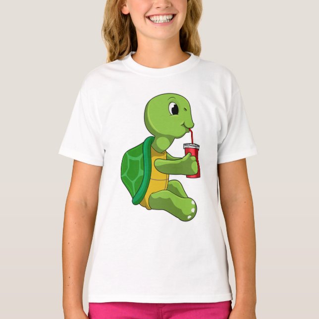 Turtle with Drinking mugg with Straw T Shirt (Framsida)