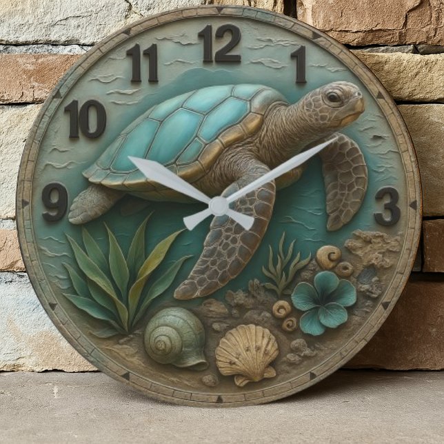 Turtle wood sea decor rustic coastal marine life stor klocka (Skapare uppladdad)