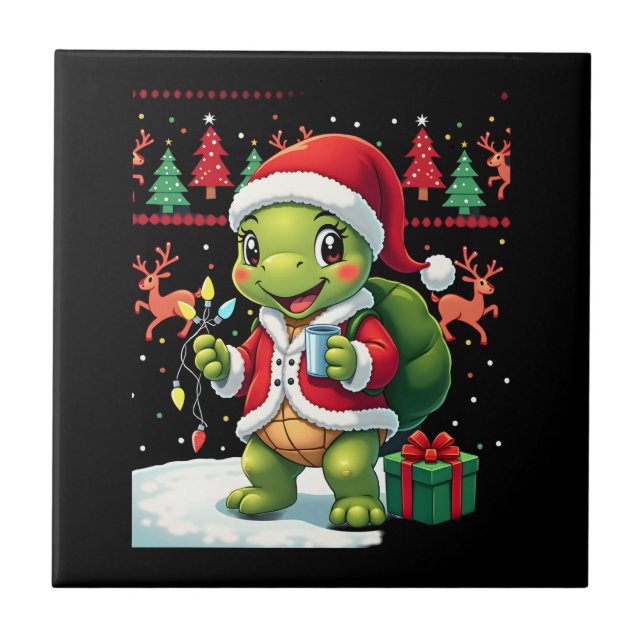 Turtle Xmas Lights Ugly Santa Turtle Christmas Tan Kakelplatta (Framsidan)