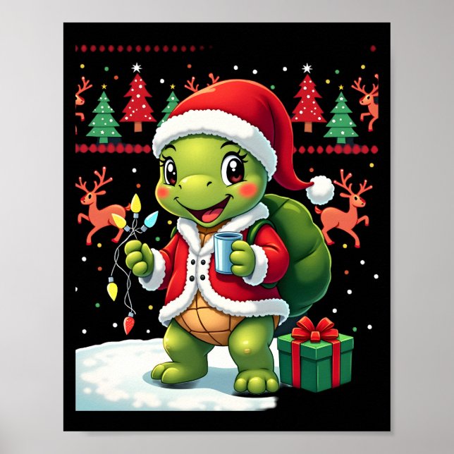 Turtle Xmas Lights Ugly Santa Turtle Christmas Tan Poster (Framsidan)