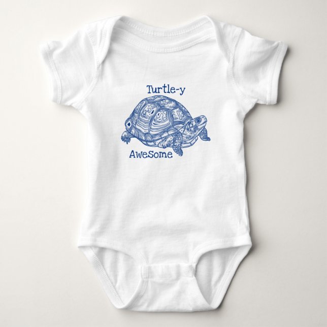 Turtle - y Fantastisk Cute Blue Teckning Text T Shirt (Framsida)