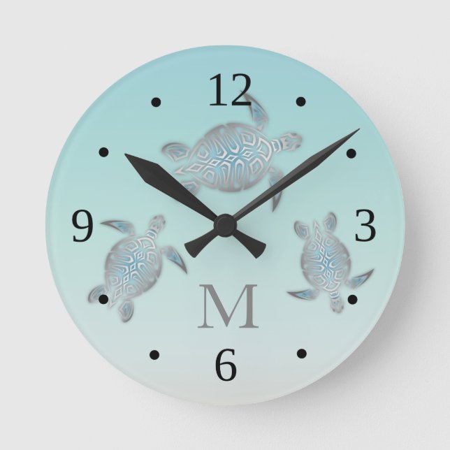 Turtles Beach Stil Silver Turquise Monogram Rund Klocka (Framsida)