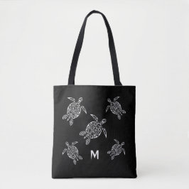Turtles Black White Coastal Maritime Monogram Tygkasse