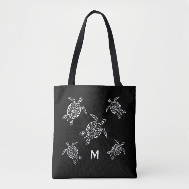Turtles Black White Coastal Maritime Monogram Tygkasse (Framsida)