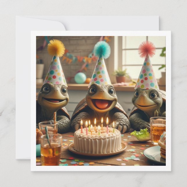 Turtles celebrating birthday with cake and hats inbjudningar (Framsida)