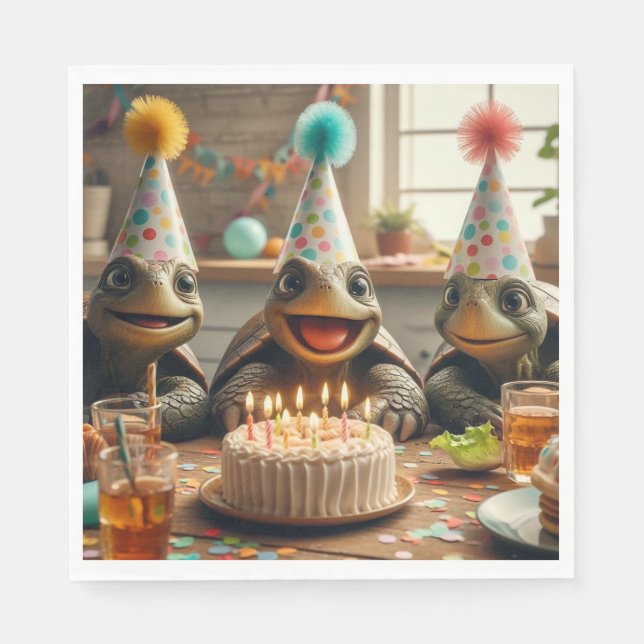 Turtles celebrating birthday with cake and hats  pappersservett (Framsidan)