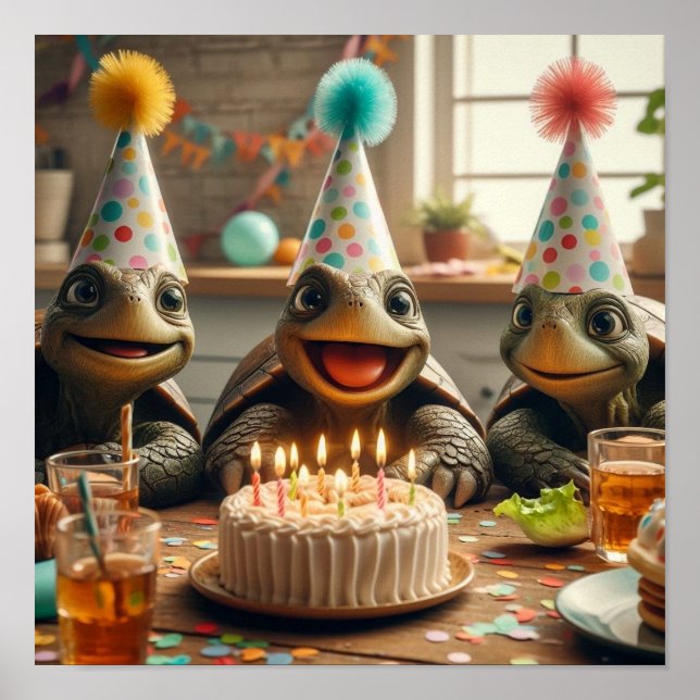 Turtles celebrating birthday with cake and hats poster (Framsidan)